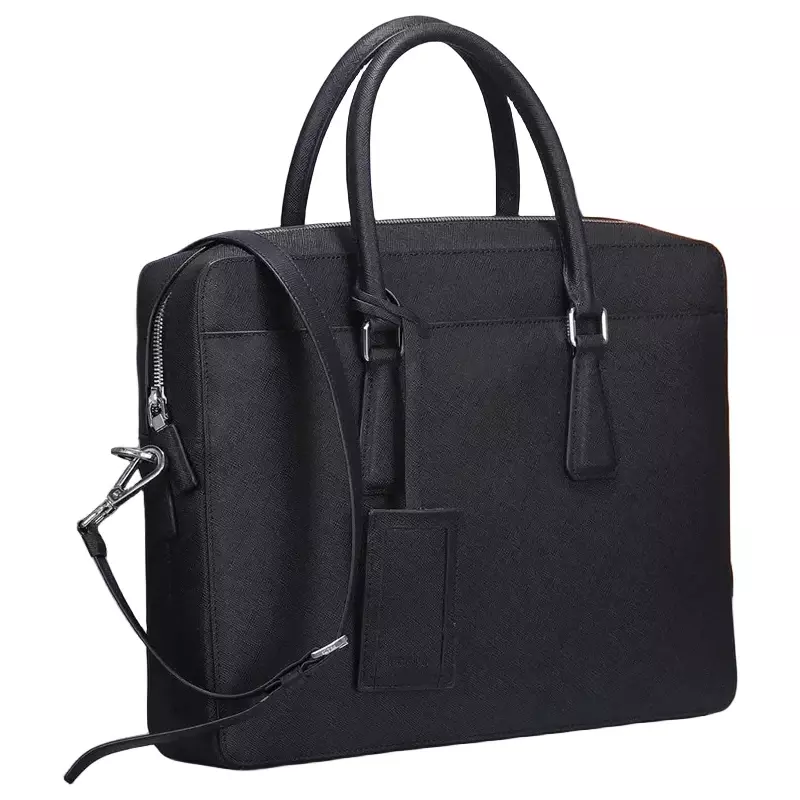 Men's Black Leather Laptop One-shouldered Cross-legged Business Briefcase 14 Inch