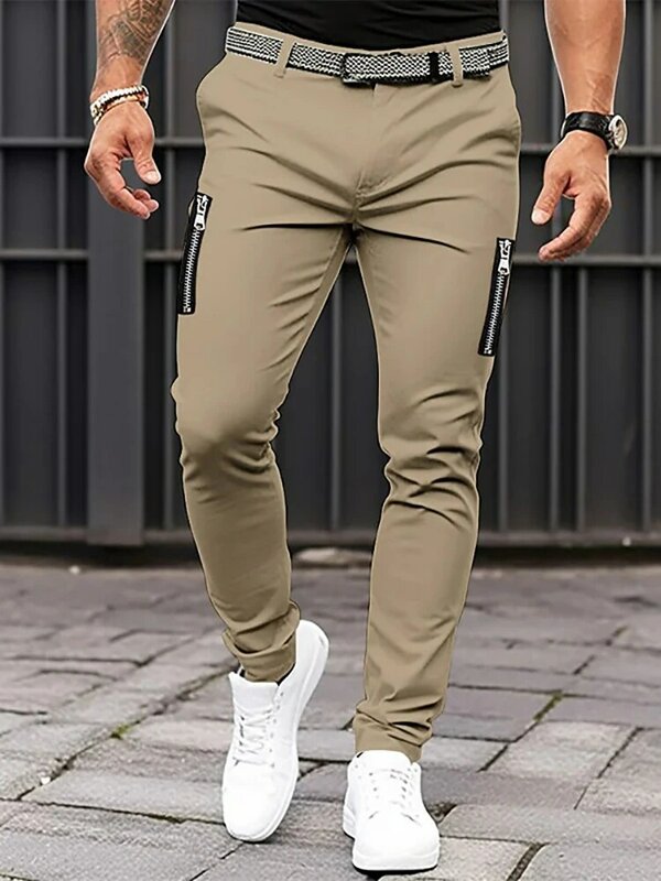 Men Cotton Fitness Running Training Pants Male Four Seasons Leisure Zipper Pencil Pants Pocket Patchwork Slim Solid Cargo Pants