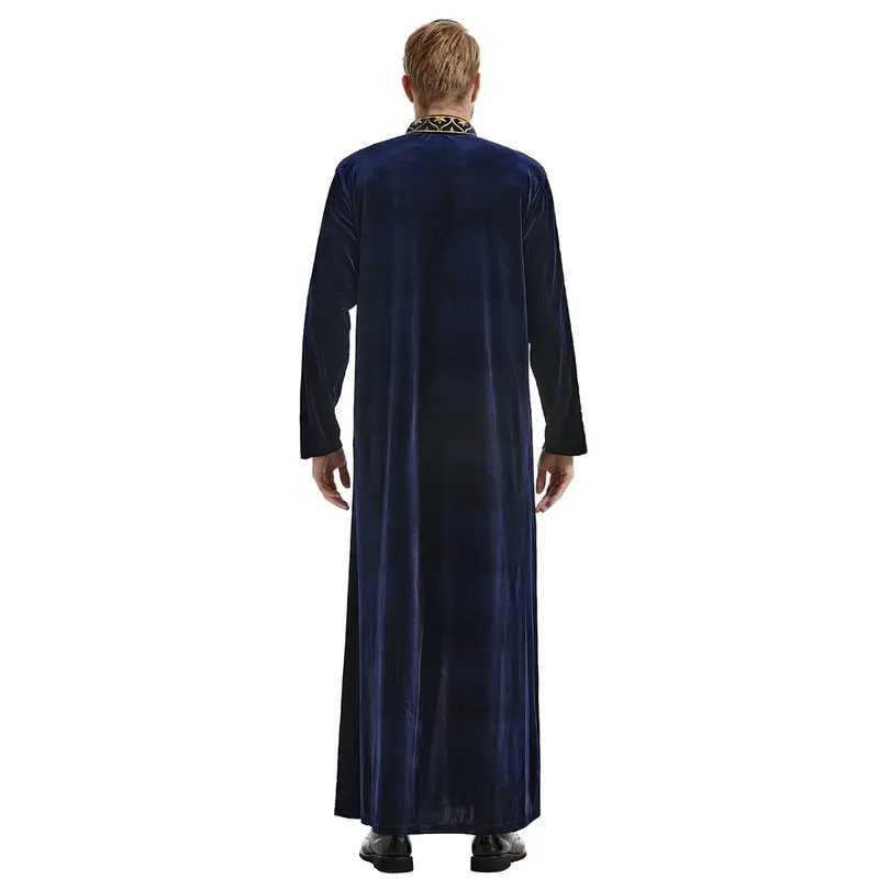 Men's Muslim Stand Collar Embroidery Ramadan Thobe with Long Sleeves Islamic Robe Kaftan Thawb  Dubai Ankle Length Abaya