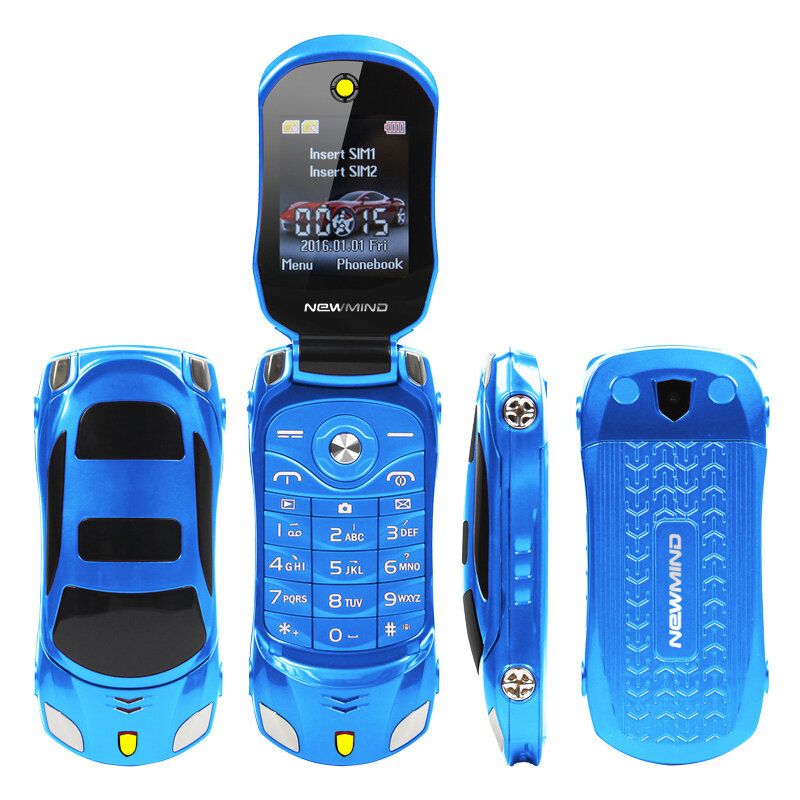 Newmind Flip bambini piccoli cellulare a forma di auto MP3 MP4 Radio FM SMS MMS fotocamera torcia doppia scheda SIM Mini telefono cellulare
