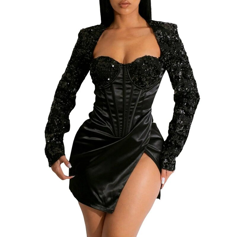 여성용 긴팔 스퀘어 넥 사이드 슬릿 미니 블랙 드레스, 반짝이는 스팽글 원피스, 단색 파티 드레스, 2024