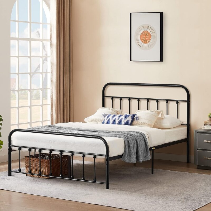 Black Metal Bed Frame Full Size with Vintage Headboard and Footboard, No Box Spring Needed, Premium Stable Steel Slat