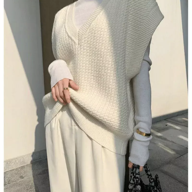 Женский вязаный пуловер оверсайз без рукавов, Однотонный свитер-жилет с V-образным вырезом в стиле ретро, осень/зима