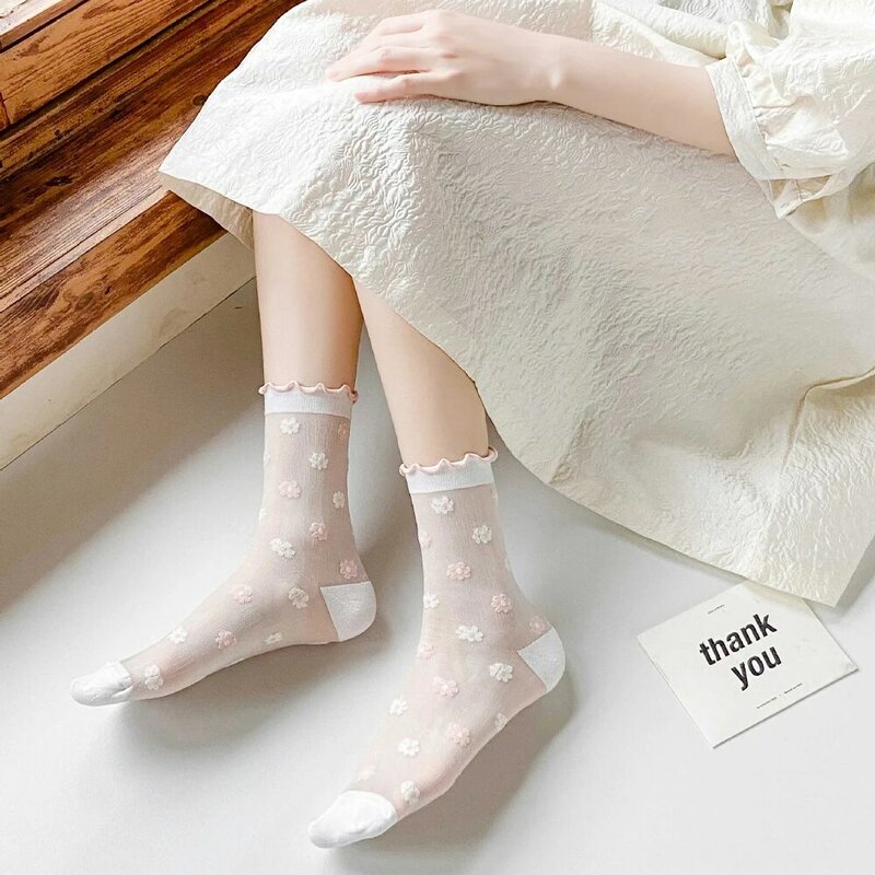 Breathable New Streetwear Korean Harajuku Style Glass Silk Women Hosiery Lolita Socks Flower Socks