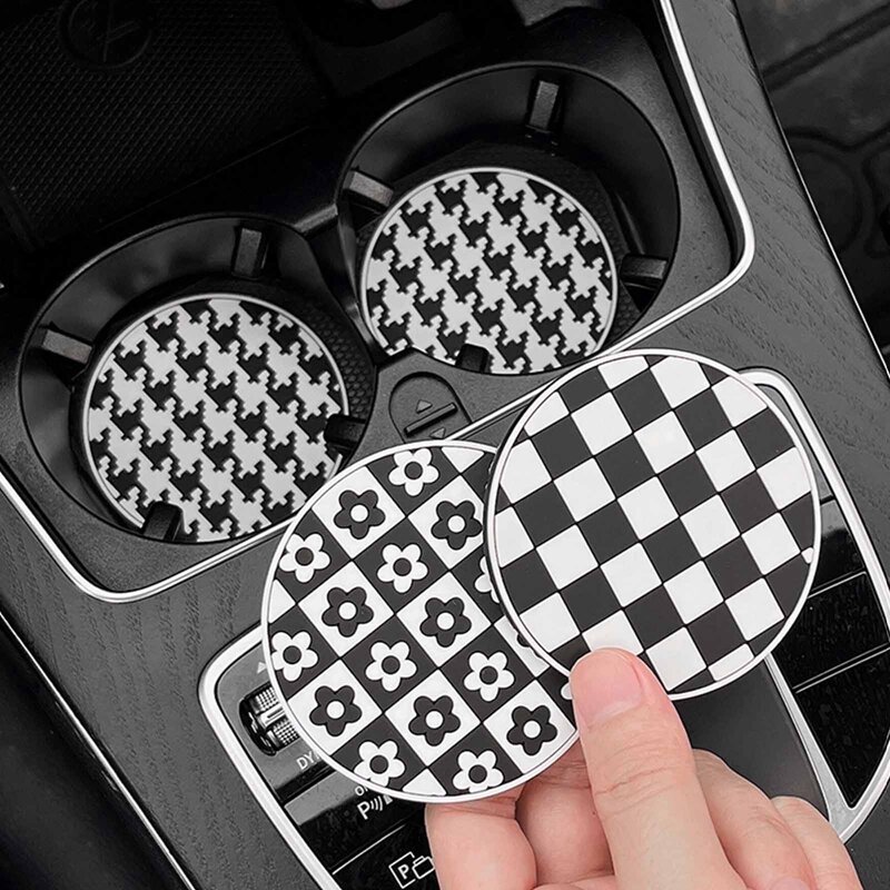 1Pc Flower Coaster Cup Holder Houndstooth Car Coaster Auto Cup Holder Waterproof Non-Slip Mat Heat Resistance Car Accessories