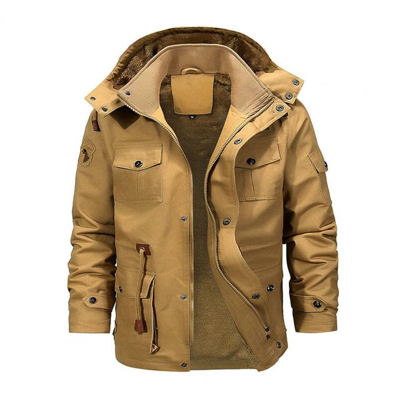 Men Winter Solid Color Jacket Coat Detachable Hooded Stand Collar Long Sleeve Fleece Lining Multi Pockets Zipper Placket Outwear