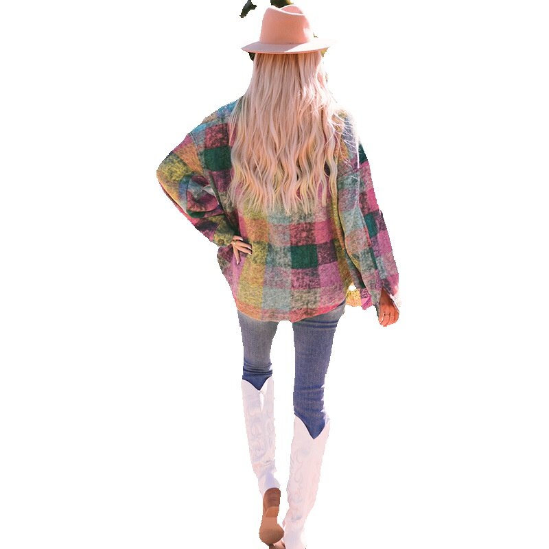 2023 Autumn New Loose Multi Color Long Sleeve Coat Women's Casual Brushed Plaid Jacket