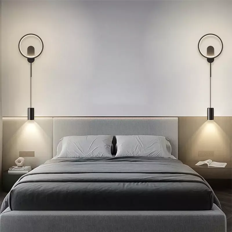 โคมไฟ LED ติดผนังแบบโมเดิร์นโคมไฟข้างเตียง90-260V สีดำทองสำหรับห้องนอนห้องนั่งเล่นบาร์แนววินเทจการตกแต่งบ้านโคมไฟระย้า