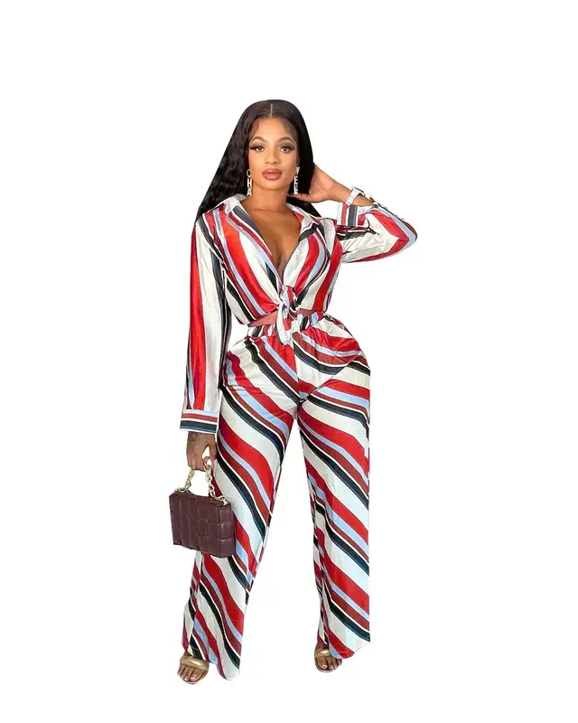 Conjuntos africanos de manga comprida e calça para mulheres, roupas com decote em v, preto e vermelho, outono, 2 peças, 2023