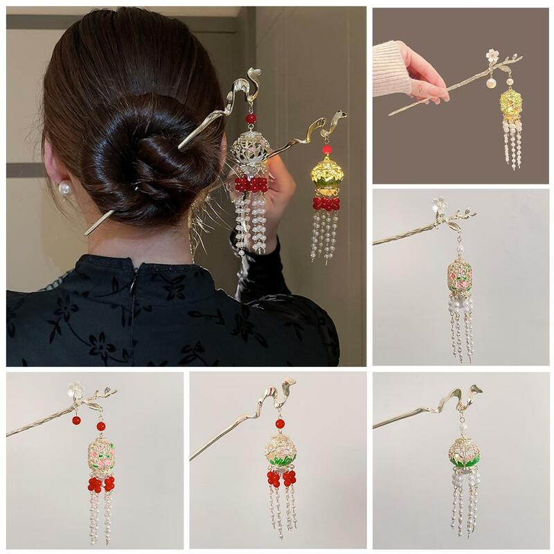 Estilo chinês esmalte Metal flor cabelo varas, Hanfu Hairpin, Pearl Tassel, Shopsticks Acessórios, O9G1