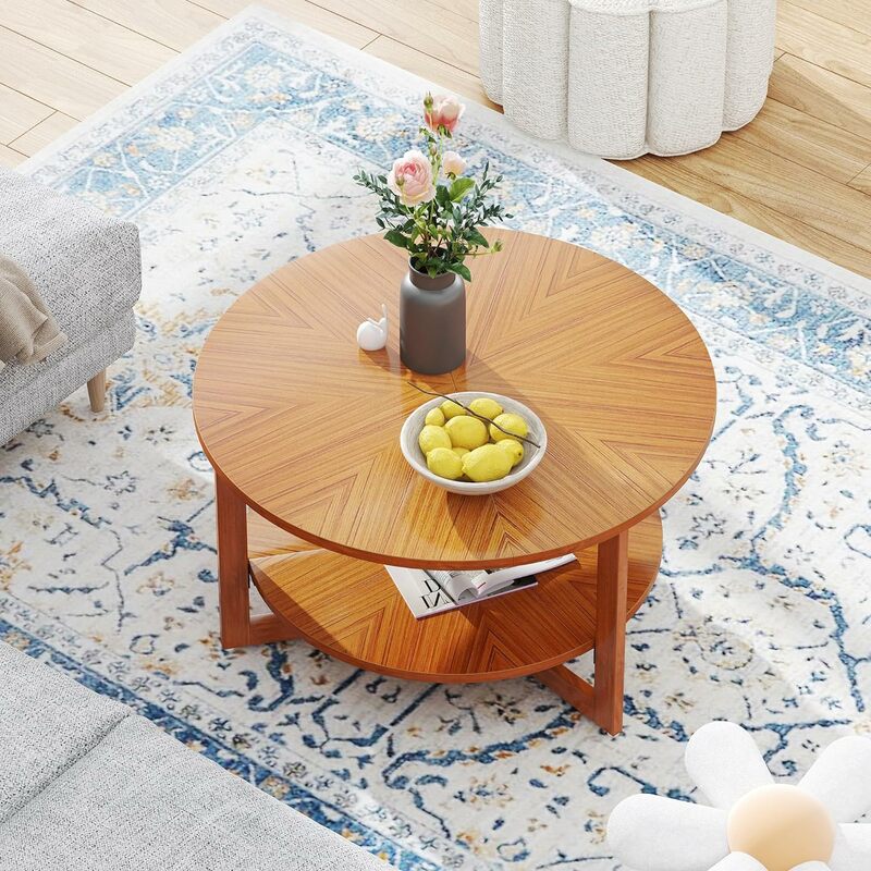 Yusong Round Coffee Table for Living Room, 2 Tier Wood Circle Boho Coffe Tables with Storage, 31.7" Farmhouse Solid Wooden Large