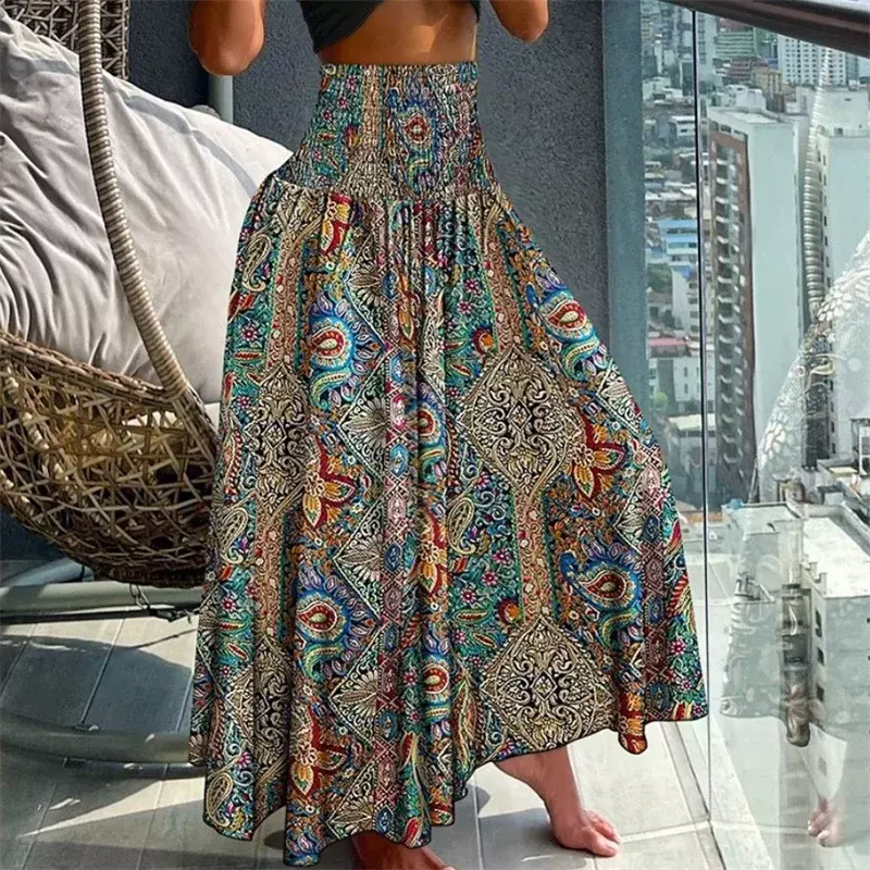 Elegante Vintage-Druck elastische Stretch hohe Taille Rock Frauen neue Sommer lose plissierte Halbkörper Kleid lässig Urlaub Streetwear