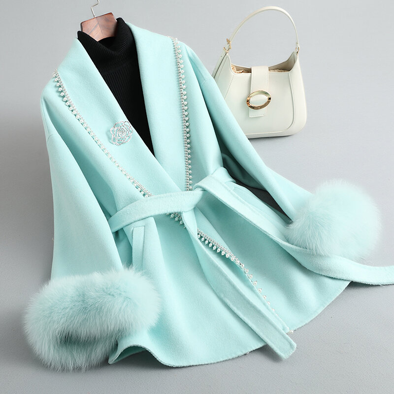 ZDFURS-abrigo de lana de doble cara con Cuello de piel de zorro, abrigo de piel de longitud media de cuero con perlas y diamantes, estilo clásico, novedad de 2022