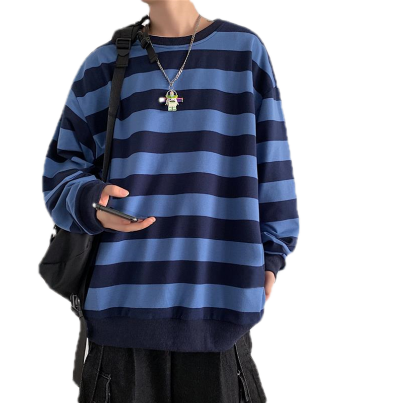 Jersey de manga larga de estilo coreano para hombre, Top informal de primavera con cuello redondo y rayas de colores contrastantes, ropa de calle escolar