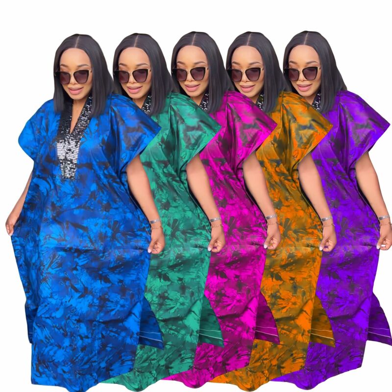 Vestidos africanos de manga curta para mulheres, lantejoulas, plus size, poliéster, decote em v, vestes longas, roupas de verão, 2023