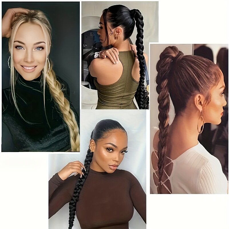 24 Inch Long Straight Synthetic Hair Braid Plaited Fishtail Fishbone Drawstring Ponytail Clip In Hair Extensions For Women