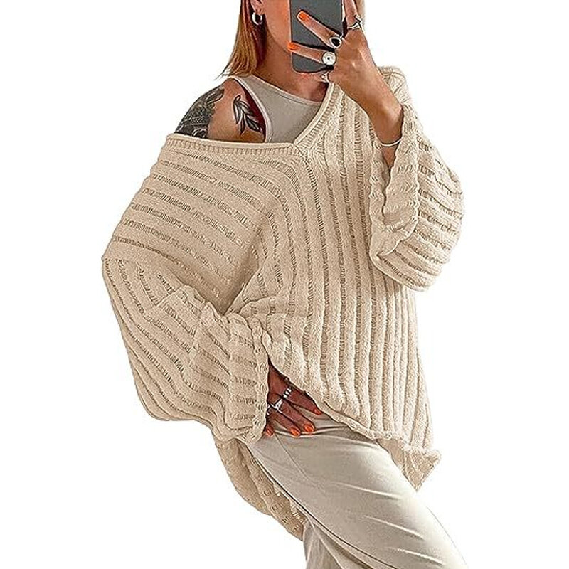 2023 sweterek z dzianiny z dekoltem w serek sweter z wycięciami seksowny jesienno-zimowy luźny damski sweter na co dzień swetry na długi rękaw topy 28491