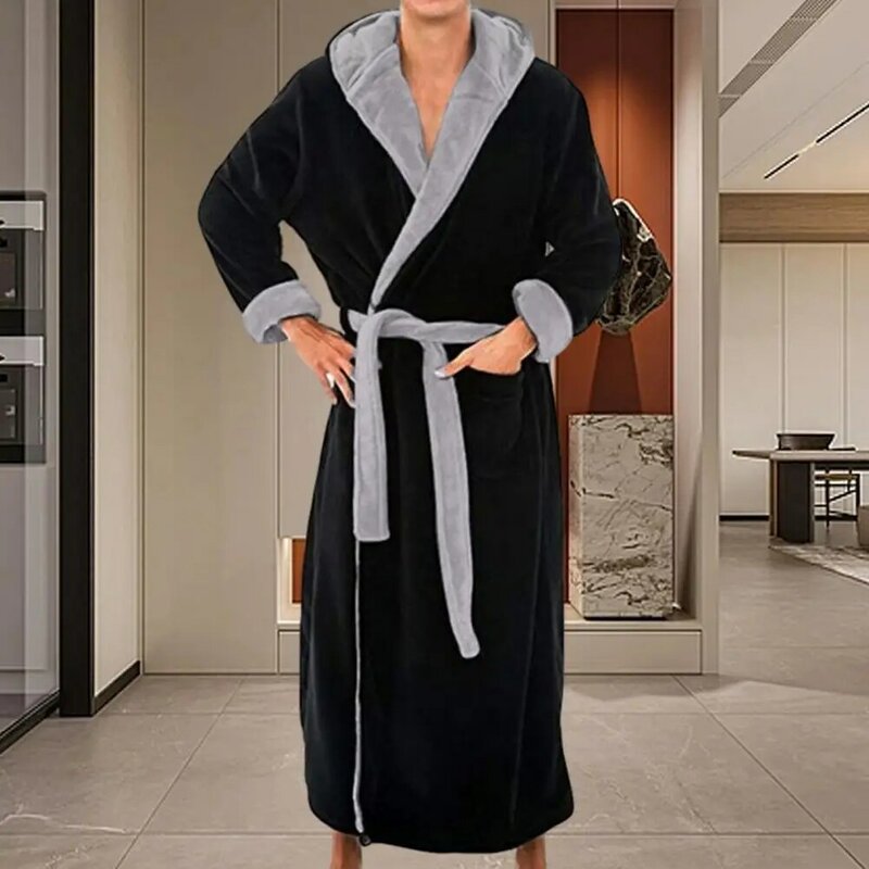 Coral Fleece Bathrobe Luxurious Men's Hooded Bathrobe with Adjustable Belt Ultra Soft Absorbent Male Robe with Pockets Plush