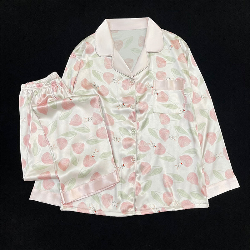 Conjunto de Pijama con estampado Floral para Mujer, ropa de dormir de satén de seda sintética, manga larga, 2 piezas, primavera y otoño