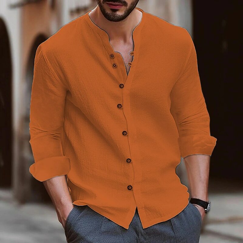 Camisa de linho de algodão manga comprida com gola V masculina, roupas casuais, tops populares para homens, botão, 7 botões