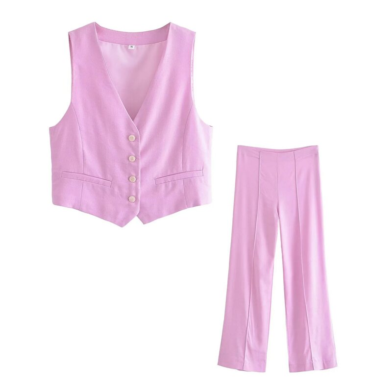 2024 Summer New Women's Style V-Neck Sleeveless Linen Vest High Waist Pants 47047109