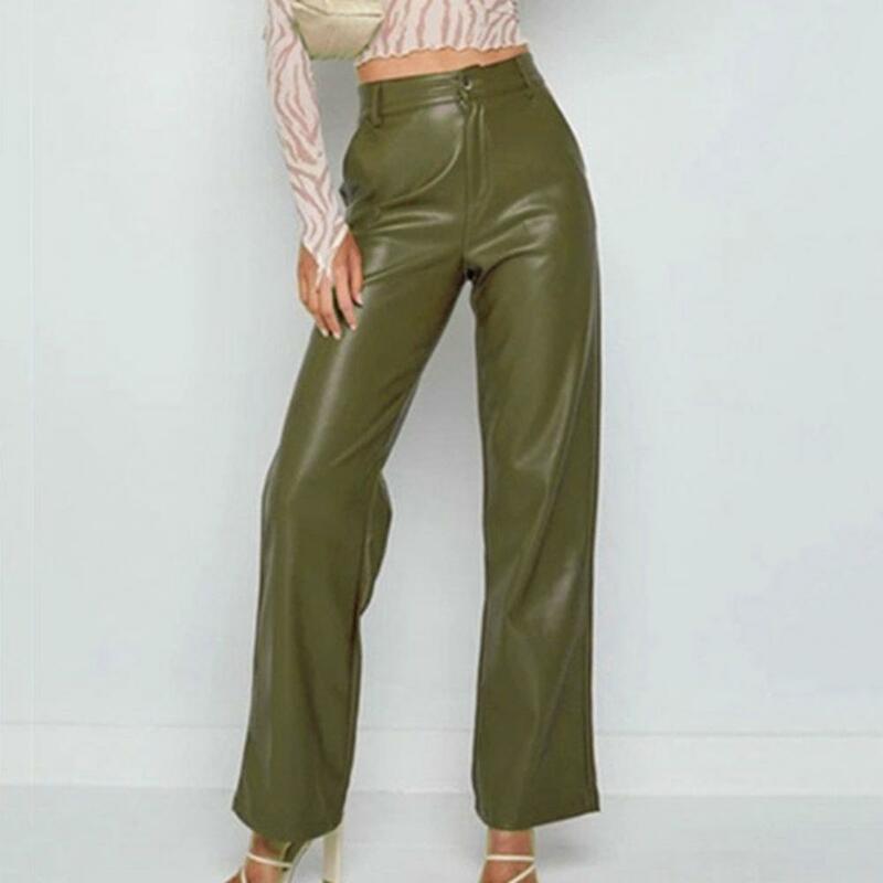 Celana pinggang tinggi wanita bergaya, celana pinggang tinggi kulit imitasi kaki lebar dengan saku samping Retro Slim Fit Street untuk A