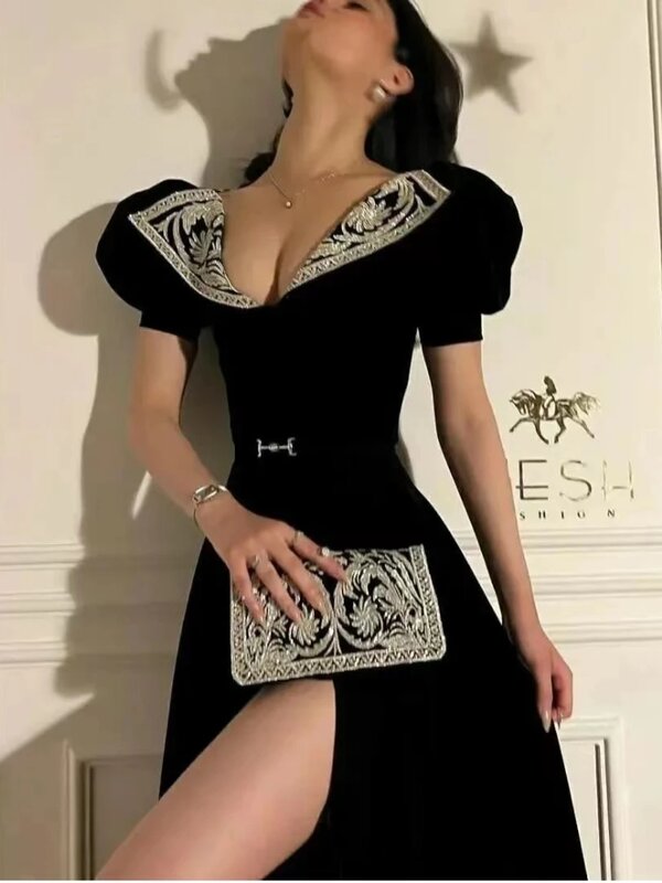 Black formal evening dress V-neck short sleeved high slit floor mopping women's ball dress Saudi Arabia 2024