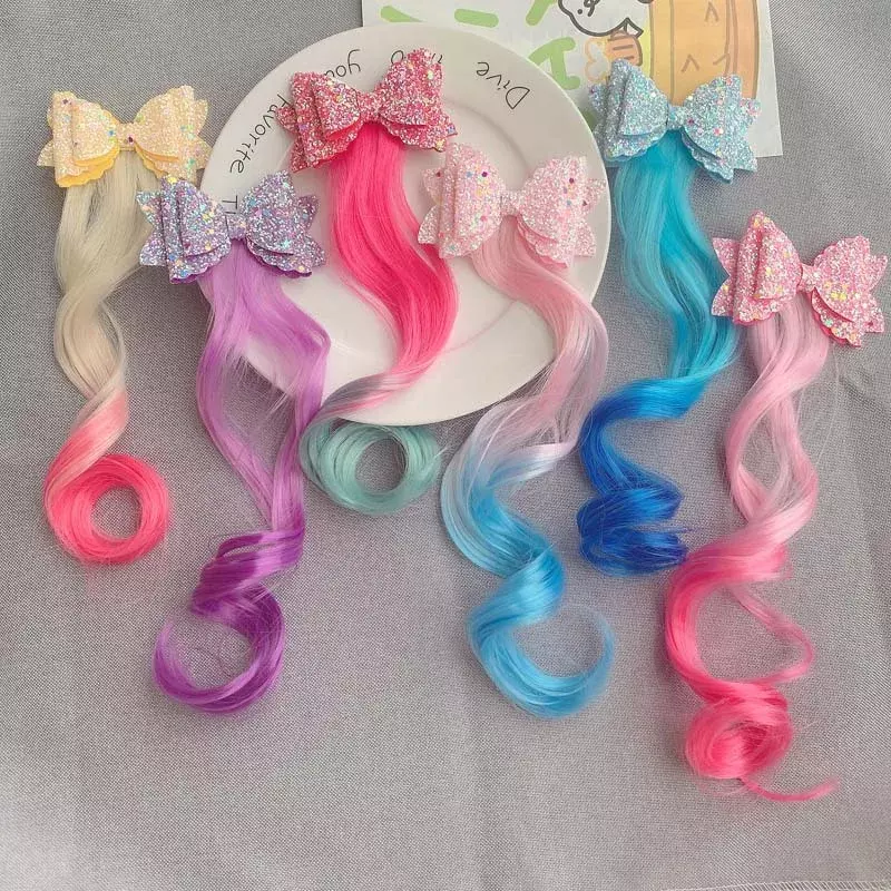 Unicórnio Colorido Peruca Hairpins para Crianças, Acessórios para Cabelo Infantil, Meninas Hairclip, Fake Hair Twist Braid Headdress, presilhas Clips