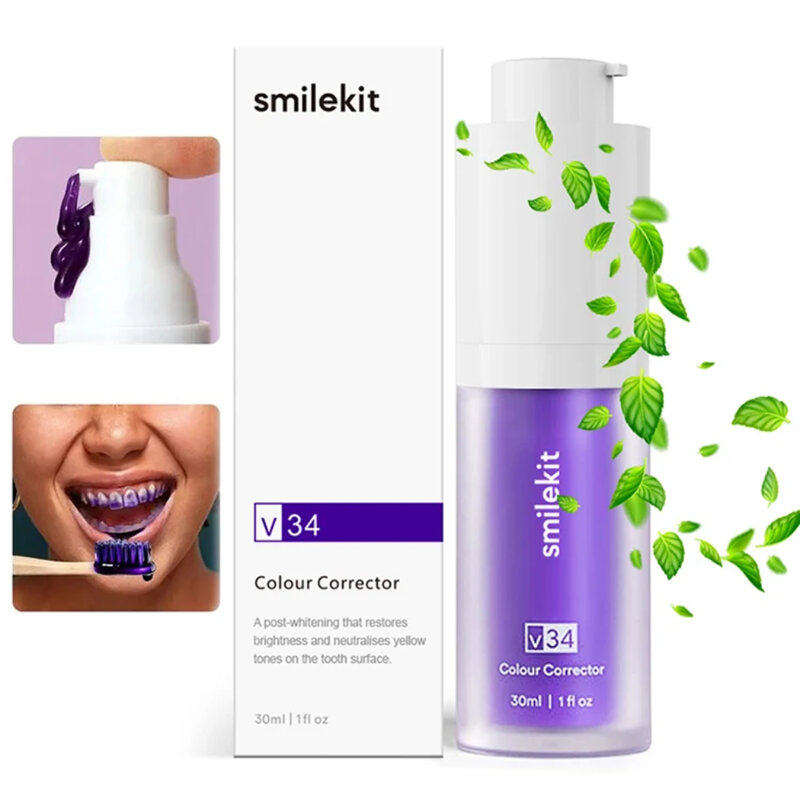 SMILEKIT-Creme dental branqueador roxo, remover manchas, reduzir o amarelecimento, cuidar das gomas dentárias, clareamento da respiração fresca, 30ml, V34