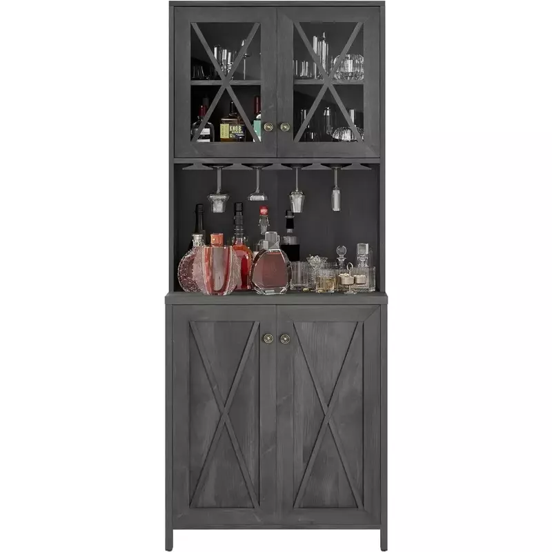 OEING Farmhouse Bar Cabinet for Liquor and Glasses, Dining Room Kitchen Cabinet with Wine Rack, Upper Glass Cabinet