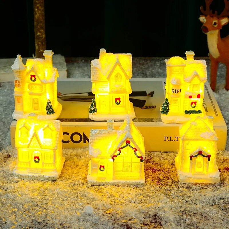 Village Houses Shape LED Lights Christmas DIY Home Party Decor Miniature Ornament with Lamp
