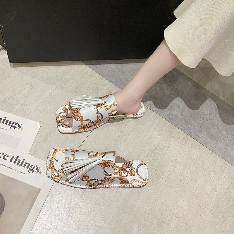 2024 New Large Slippers Retro Printed Silk Square Head Flat Bottom Casual Cool Slippers Fairy Style