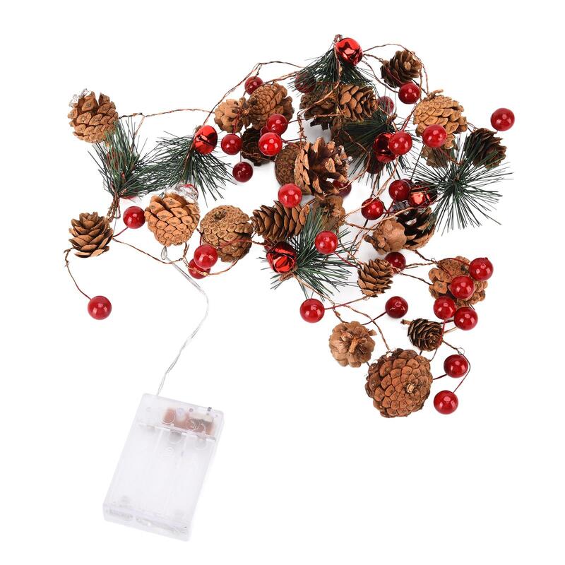 Гибкая Рождественская гирлянда Pinecone с яркими ягодами, работающая от батарейки, для внутреннего/наружного декора