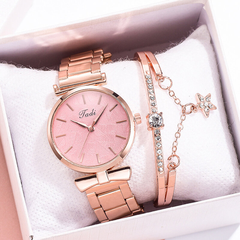 Conjunto de reloj de pulsera para mujer, relojes de acero inoxidable de oro rosa para mujer, reloj de pulsera de cuarzo de lujo femenino