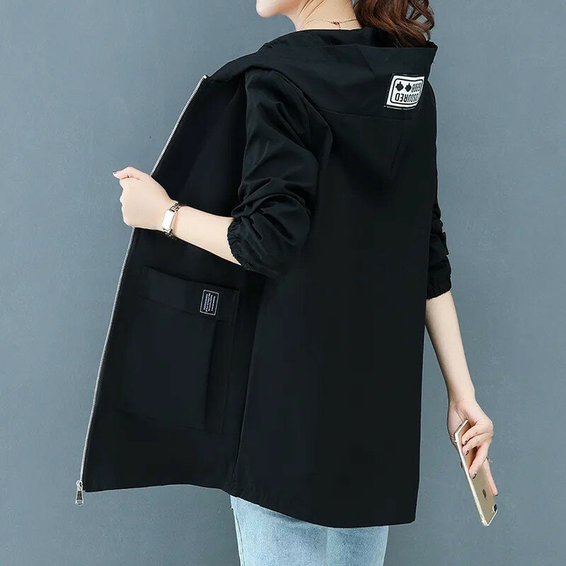 2024 Spring Autumn New Hooded Windbreaker Women Korean Casual Mid-Length Zipper Coat Female Casual Outerwear Loose Jacket B284