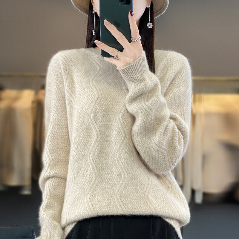 Suéter de Cachemira de lana merina para mujer, jersey de manga larga con cuello redondo, top acolchado, otoño e invierno, 100%