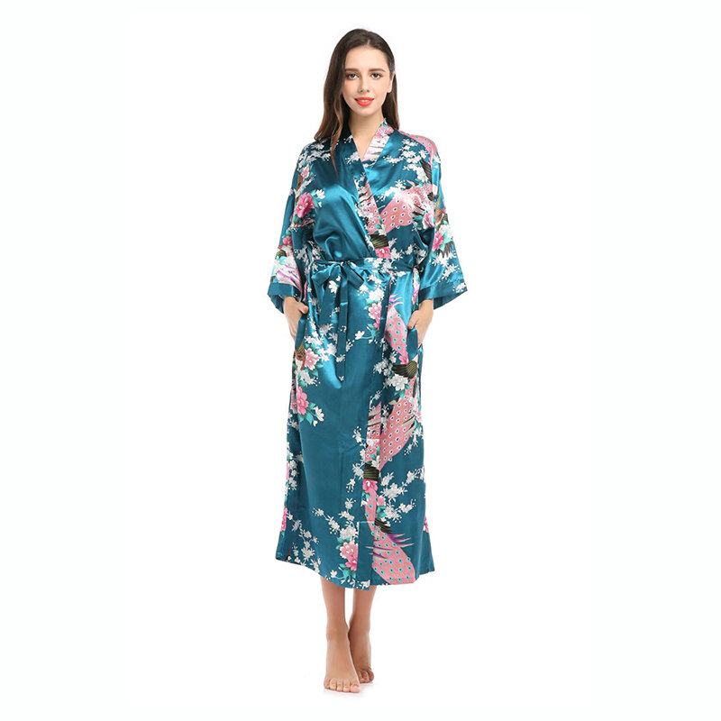 Kimono en Satin de soie pour femmes, longue robe de nuit, motif Floral, paon, pour fête de mariage, demoiselle d'honneur