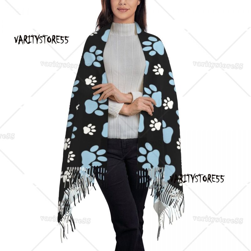 Ladies Long Pattern Of Paws Blue Paw Scarves Women Winter Fall Soft Warm Tassel Shawl Wraps Dog Animal Dogs Scarf