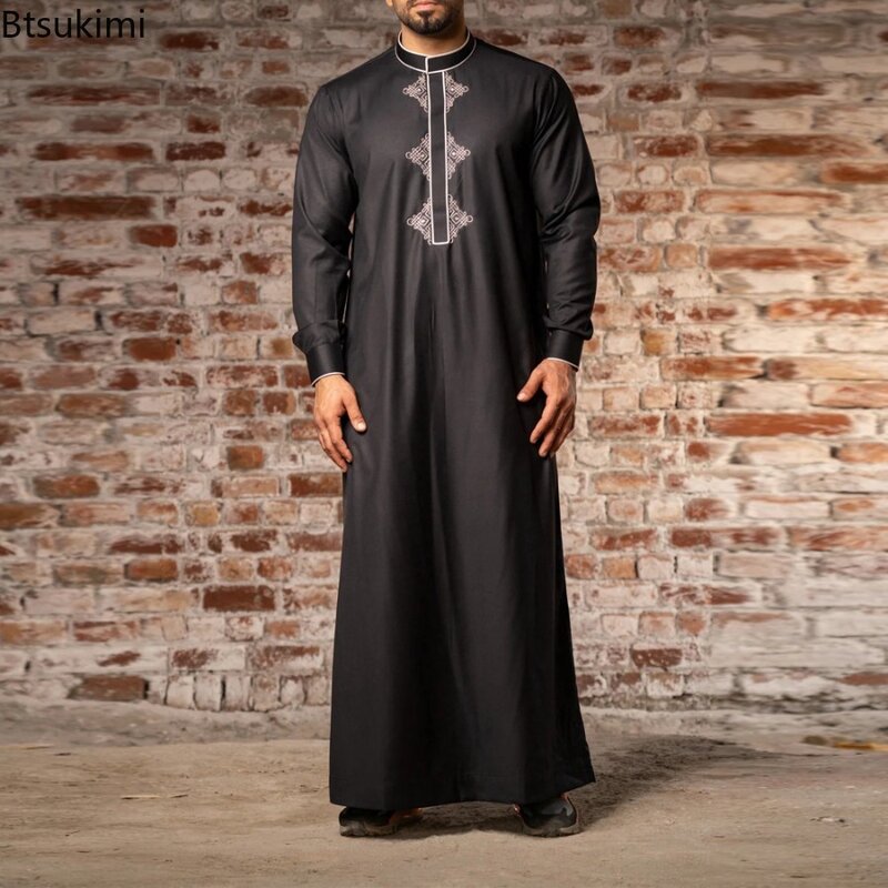 2024 styl etniczny męski muzułmański Jubba Thobe haft modna, patchworka Abaya męski stojący kołnierz Saudi Arab Kaftan Islam długa suknia