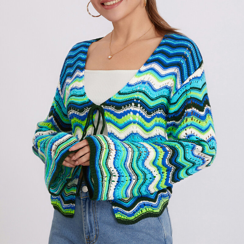 Women's Spring Autumn Knit Sweater Long Sleeve V Neck Tie Up Colorful Striped Knitwear