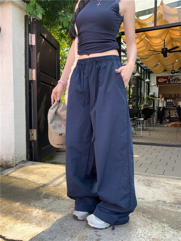2024 Summer New Korean System East Gate Simple Solid Color Loose Wide Leg Cargo Casual Pants Women