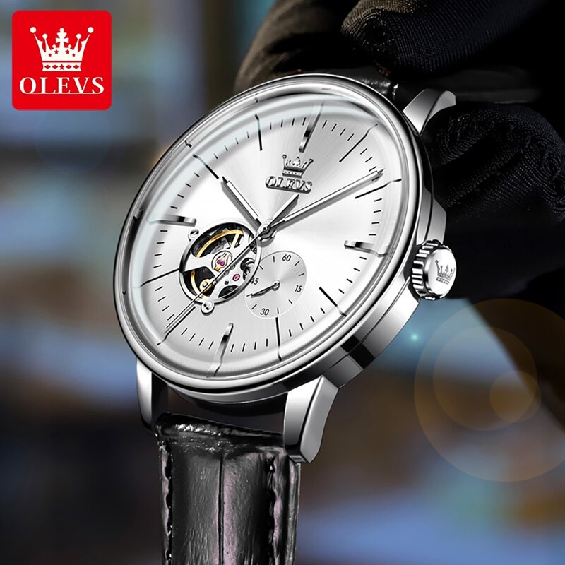 OLEVS Leather Strap Automatic Mechanical Watch for Men Classic Leisure Men Watch Chronograph Stainless steel Hollow out Watches