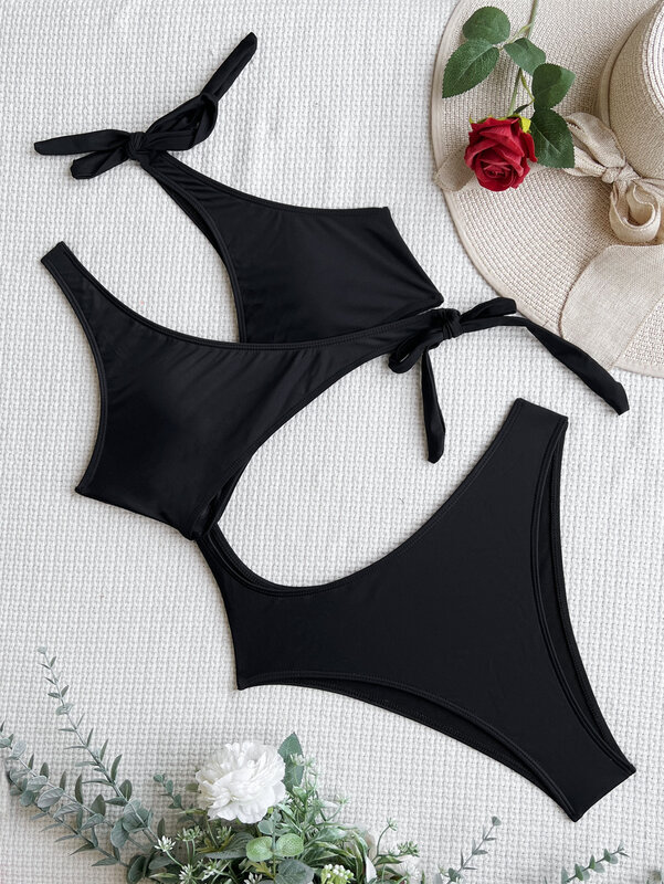 sexy black tie cross backless swimsuit one piece hollow bikinis thong swimwear bodysuits women biquini bathing suits tankini