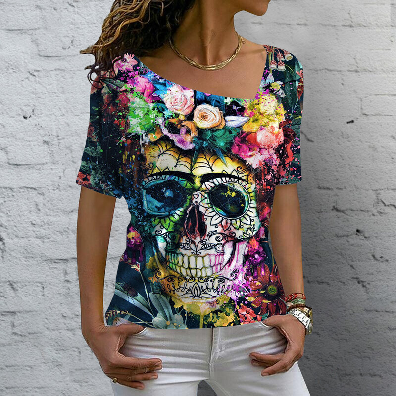 T-shirt imprimé tête de mort 3D pour femme, chemisiers à col oblique, pull à manches courtes, t-shirts vintage, vêtements respirants, décontracté, été