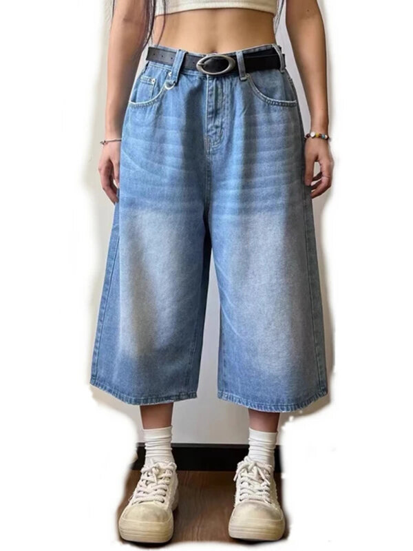 Celana pendek Denim Retro wanita, Jeans pendek longgar pinggang tinggi musim panas untuk perempuan