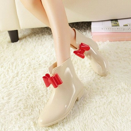 Women's Rain Shoes Short-tube Spring and Autumn Rain Boots Knot-bow Low-top Boots White-collar Waterproof Shoes Rubber Overshoes