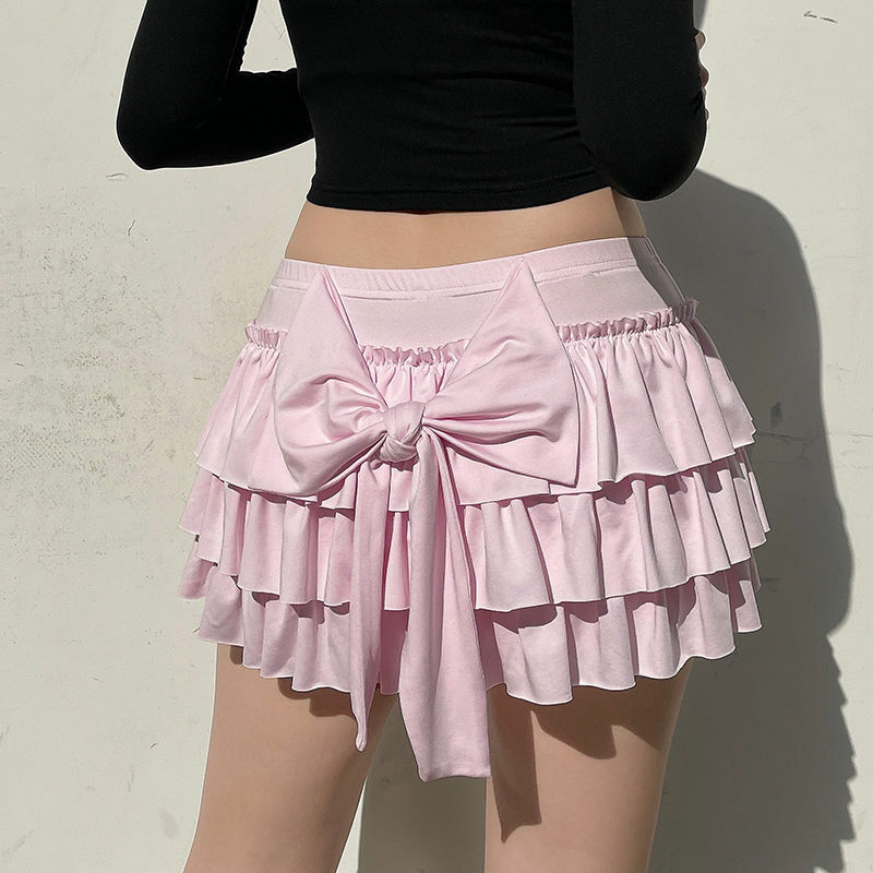 Women Sexy Slim Low-Waist Casual Mini Skirts Y2K Female Summer Fashion Streetwear Pink Skirts Bow Sweet A-Line Skirts