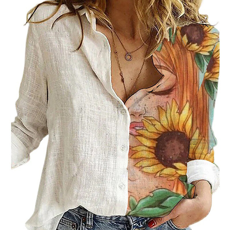 Женская свободная рубашка-поло с длинным рукавом и принтом