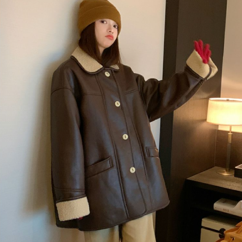 Vintage Lambswool Jacket Women Overcoat Autumn Winter Contrast Plus Velvet Thicke Leather Coat Loose Fur One Motorcycle Clothing