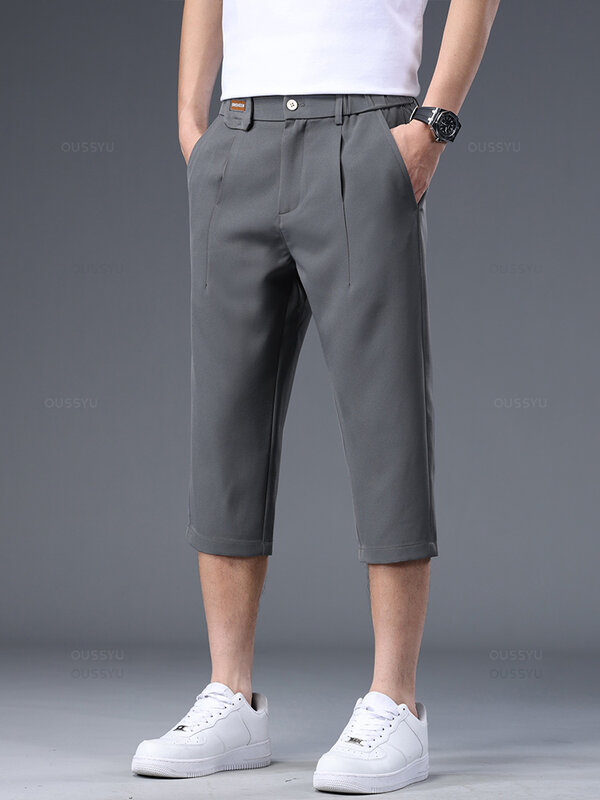 Brand Clothing High-Quality Business Suit Calf-Length Pants Men Pendulous Smooth Solid Color Straight Office Formal Shorts Male